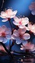 Blossoming spring flowers, bokeh brings a dreamy blue atmosphere