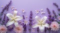 Blossoming Spring Flowers: White Lilies and Delicate Purple Flowers on a Lavender Background AI Generated Royalty Free Stock Photo