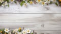 blossoming spring flowers on white rustic wooden table top view with copy space