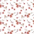 Blossoming tree branch spring time sakura cherry flowers buds seamless pattern Watercolor hand drawn Royalty Free Stock Photo