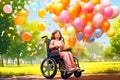 Blossoms and Balloons Disabled Girl\'s Sunny Park Escapade - Generative AI
