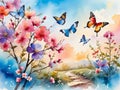 Blossoms, Flowers, Branches, and Butterflies with Sky Background.