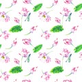 Blossoms and flowers of lotus watercolor seamless pattern