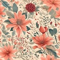 Blossoms of Serenity: Light Background with Pink and Light Orange Flowers and Moss Green Leaves