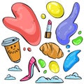 Blots, coffee, clouds, croissant and lipstick vector fashion illustration set of cartoon . In yellow, blue and pink colored