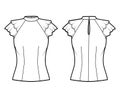 Blouse technical fashion illustration with high neckline banded collar, fluttery ruffles short sleeves, fitted body.