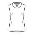 Blouse technical fashion illustration with loose silhouette, sleeveless, round collar trimmed with scalloped lace.