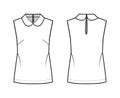 Blouse technical fashion illustration with loose silhouette, sleeveless, round collar trimmed with scalloped lace.