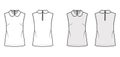 Blouse technical fashion illustration with loose silhouette, sleeveless, round collar trimmed with scalloped lace.