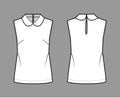 Blouse technical fashion illustration with loose silhouette, sleeveless, round collar trimmed with scalloped lace.