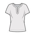 Blouse technical fashion illustration with split neckline, relaxed silhouette, wide short cap sleeves.