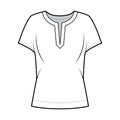 Blouse technical fashion illustration with split neckline, relaxed silhouette, wide short cap sleeves.