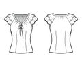 Blouse technical fashion illustration with ties at the V neckline, fluttery ruffles short sleeves, fitted body.