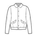 Blouson jacket technical fashion illustration with classic collar, oversized, long sleeves, flap pockets, snap fastening