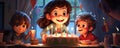 blow candles at birthady party, wishes a wish while her friends look at her