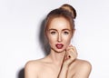 Blow sweet kiss. Beautiful woman with fashion lips make-up on white background. Valentines day Makeup. look