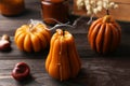 Blown out candles on wooden table. Autumn atmosphere Royalty Free Stock Photo