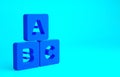 Blue ABC blocks icon isolated on blue background. Alphabet cubes with letters A,B,C. Minimalism concept. 3d illustration 3D render Royalty Free Stock Photo