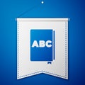 Blue ABC book icon isolated on blue background. Dictionary book sign. Alphabet book icon. White pennant template. Vector Royalty Free Stock Photo