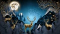 blue abstract background with mountains and forest and golden deer