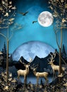 blue abstract background with mountains and forest and golden deer