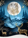 blue abstract background with mountains and forest and golden deer