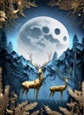 blue abstract background with mountains and forest and golden deer
