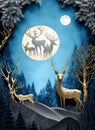 blue abstract background with mountains and forest and golden deer