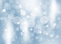 Blue abstract background. white light and snowflakes bokeh winter for Christmas new year blurred beautiful shiny lights Royalty Free Stock Photo