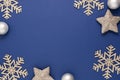 Blue abstract Christmas background frame with silver snowflakes, baubles and confetti winter decoration, blue mock up with space Royalty Free Stock Photo