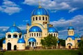 Blue abstract church on field