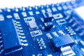 abstract electronic circuit component. Blue engineering or technology background