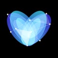 Blue abstract glass heart symbol with lines web and dots on black background, unusual isolated vector logo Royalty Free Stock Photo