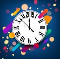Blue abstract 2019 new year background with clock.