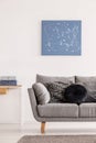 Blue abstract painting on white wall of contemporary living room interior with grey settee with pillows Royalty Free Stock Photo