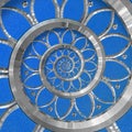 Blue abstract round spiral background pattern fractal. Silver metal spiral blue decorative ornament element. Metal pattern
