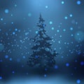 Blue abstract winter background. Dark spruce in the middle of the forest, falling snowflakes and moonlight Royalty Free Stock Photo