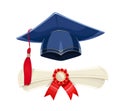 Blue academicic graduation cap and diploma scroll