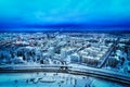 Blue aerial view of city of Tampere, Finland, in winter