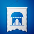 Blue African hut icon isolated on blue background. African house symbol. White pennant template. Vector Royalty Free Stock Photo