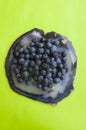 Blue agate gemstone and juicy blueberries on green table