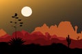 Blue agave silhouette in night desert. Mountains background. Vector illustration