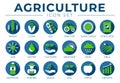 Blue Agriculture Round Icon Set of Wheat, Corn, Soy, Tractor, Sunflower, Fertilizer, Sun, Water, Cultivate, Weather, Rain, Fields Royalty Free Stock Photo