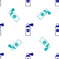 Blue Air freshener spray bottle icon isolated seamless pattern on white background. Air freshener aerosol bottle. Vector