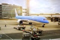 Blue airplane of KLM Royal Dutch Airline arriving at Kansai International Airport