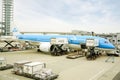 Blue airplane of KLM Royal Dutch Airline arriving at Kansai International Airport