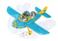Blue Airplane Team of Aviators Dog and Hedgehog Royalty Free Stock Photo