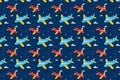 Blue airplane toy pattern design. Boys fabric print with airplane, clouds and stars. Baby boy pattern design