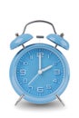 Blue alarm clock with the hands at 2 am or pm isolated on a white background