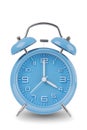 Blue alarm clock with the hands at 4 am or pm isolated on a white background